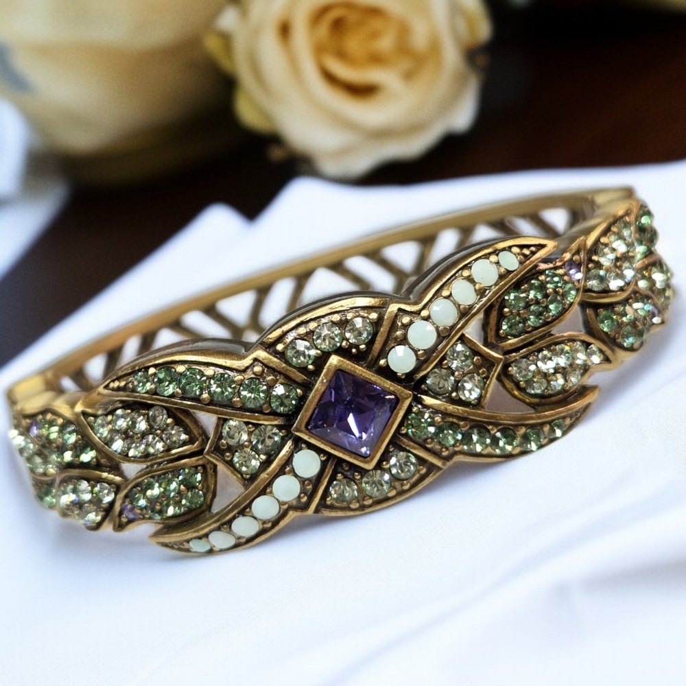 Heidi Daus Amethyst Peridot Moonstone Crystal Hinged Lattice Bangle Bracelet